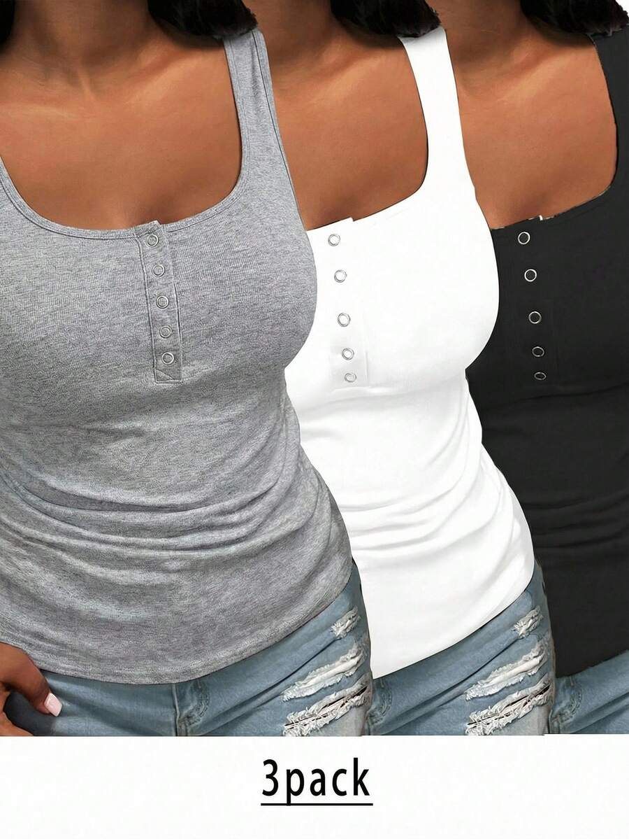 EMERY ROSE 3pcs Plus Size Women's Solid Color Thick Strap Camisole, Suitable For Summer - Multicolor - View 1