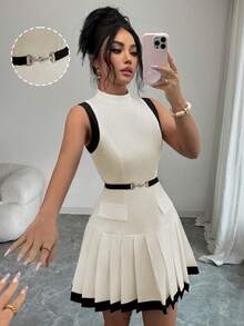 Elenzga Robe sans manches à col montant en tissu tressé avec ceinture à la taille, garniture plissée, ourlet évasé, élégante pour le bureau/décontractée, style vintage, couleur abricot, longueur courte, printemps/été - Multicolore - Voir 1