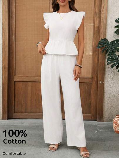 EMERY ROSE 2 piezas Conjunto de top de manga corta de cuello redondo y pantalones de unicolor para mujer de vacaciones