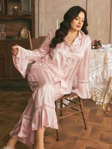 Côtesoire French Romantic Lace Patchwork Vertical Striped Jacquard Lapel Open Front Plus Size Women PJS Sleepwear For Women Satin Pajamas Set - Pink - View 4