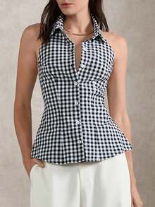 Briarwyn Summer Women's Cotton Sexy Plaid Front Button Back Tie-Up Backless Halter Top, Summer Top, Going Out Tops,Vacation Outfits Women Checkered Top Summer Clothes Gingham Top Tube Top Bow Top - Black and White - View 2