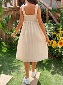 SHEIN Maternity Vacation Solid Color Button-Down Casual Dress - Khaki - View 2