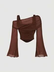 SHEIN MOD 二合一露肩网纱喇叭袖长袖上衣，女士多件装，春季、情人节、狂欢节、西部风、复古风、70年代风，单件派对风上衣，网纱透视上衣 - 彩色 - 查看 6