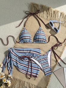 Costavie Bộ bikini kẻ sọc dành cho nữ mùa hè, kiểu dáng giản dị, thích hợp cho kỳ nghỉ, kèm chân váy đi biển, bộ đồ bơi ba mảnh thời trang và thoải mái. - Nhiều màu - Xem 3