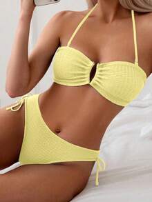Swim Mod Women's Elegant Butter Yellow Bikini Set,Summer Beach Party Holiday Strapless Bandeau Ruched 2 Pieces Swimwear, High Waisted Bathing Suit Outfit - Yellow - View 3