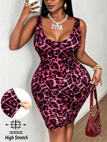 Maweii Plus Size Fashionable Leopard Print Sleeveless Fitted Dress, Summer - Multicolor - View 2