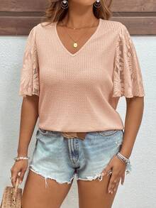 Reflora Plus Size Elegant Waffle Knit Patchwork Ruffle Sleeve T-Shirt - Coral Orange - View 7