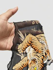 ROMWE Avant Áo ngắn tay lưới xuyên thấu in hình hổ và tre, phong cách punk mới, kiểu Trung Quốc cổ điển, gợi cảm dành cho nữ. - màu đen - Xem 5