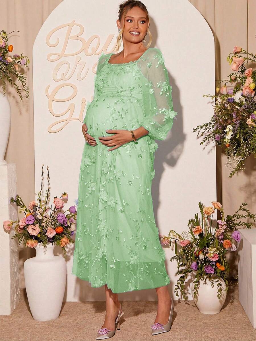 Loomaby Vestido de maternidad elegante con cuello redondo y mangas farol con decoración floral para mujeres embarazadas - Verde - Ver 1