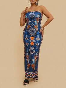 Travachic Women's Blue Strapless Knit Abstract Floral Print Symmetrical Pattern Boho Maxi Dress,Plus Size Summer Vacation Holiday Beachwear Outfits - Blue - View 16