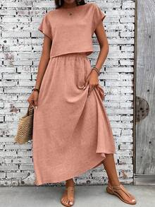 EMERY ROSE Women's Solid Color Boat Neck Batwing Sleeve Shirt And Mini Skirt 2 Pieces Set - Orange - View 5