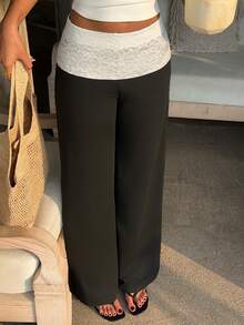 SHEIN EZwear Women's Contrast Color Contrast Lace Straight Loose Pants - Black and White - View 6