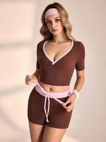 SHEIN Contrasting Colors V Neck Crop Tee & Shorts Two Pieces Set - Brown - View 6