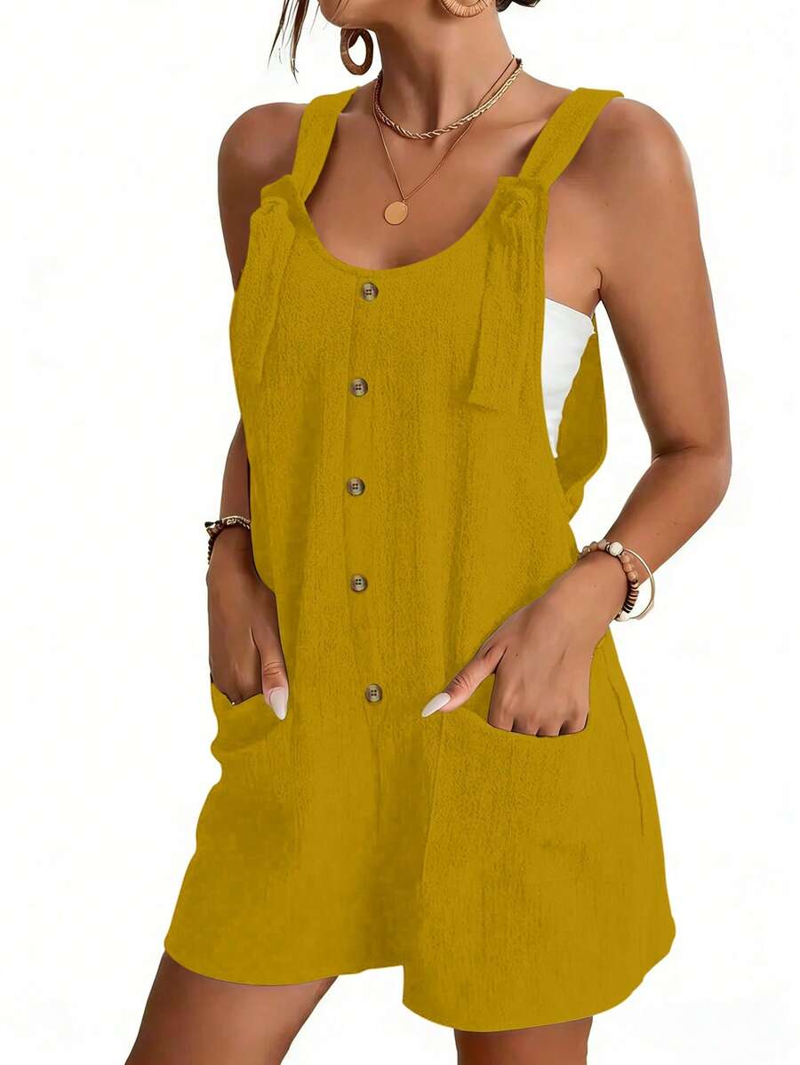 Chiquease Summer Casual Solid Color Romper With Pockets - Mustard Yellow - View 1