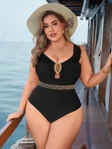 Swim Lushoire Plus Size Women's Solid Black Slim Fit Sequin Ribbon Ruffle Trim Round Neck Hollow Out Fashionable Casual One-Piece Swimsuit - Black - View 5