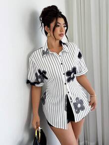 SHEIN Clasi Women's White Rhinestone Print Decorated Short Sleeve Shirt, Suitable For Spring And Summer Bussines Office Casual - Black and White - View 6