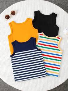 SHEIN Playful Pals Paquete de tops sin mangas de cuello redondo con rayas y unicolor básicos para niños pequeños, para el verano - Multicolor - Ver 2