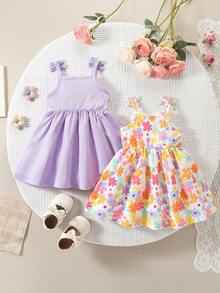 SHEIN Playful Pals 2件組女嬰可愛白色碎花夏季吊帶洋裝 生日派對休閒百搭印花套裝 適合節慶戶外度假春季 - 紫色 - 查看 2