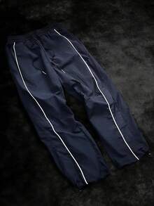 RISE LYT 男士休闲抽绳腰带撞色滚边宽松运动裤风裤降落伞裤宽松健身服尼龙裤运动裤 - 藏蓝色 - 查看 4