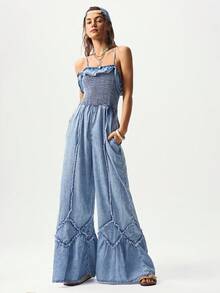 Bohemela Women's Solid Color Woven Denim Jumpsuit, Casual Vacation Style, Spring/Summer - Blue - View 5