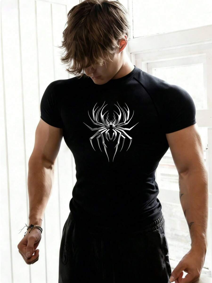 GymBeat Men's Spider Print Slim Fit Short Sleeve Athletic T-Shirt - Black - View 1
