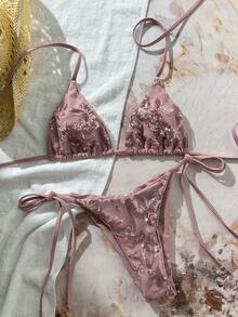 Swim Mod 两件式泳衣，纯色亮片纹理挂脖三角胸罩上衣和侧系带泳裤性感比基尼套装，春夏海滩度假女士比基尼套装，比基尼泳装套装，女士泳衣套装，女士夏季套装，女士两件式泳衣 - 粉色 - 查看 1