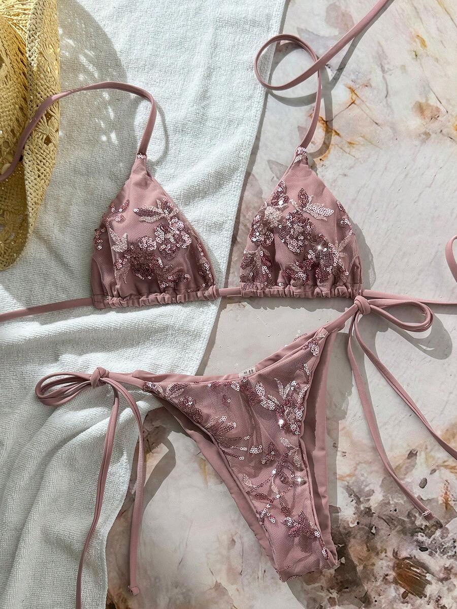 Swim Mod 两件式泳衣,纯色亮片纹理挂脖三角胸罩上衣和侧系带泳裤性感比基尼套装,春夏海滩度假女士比基尼套装,比基尼泳装套装,女士泳衣套装,女士夏季套装,女士两件式泳衣 - 粉色 - 查看 1