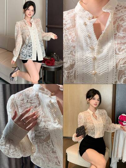 DAZY Embroidered Delicate Hollow-Out Minimalist Versatile Blouse For Women