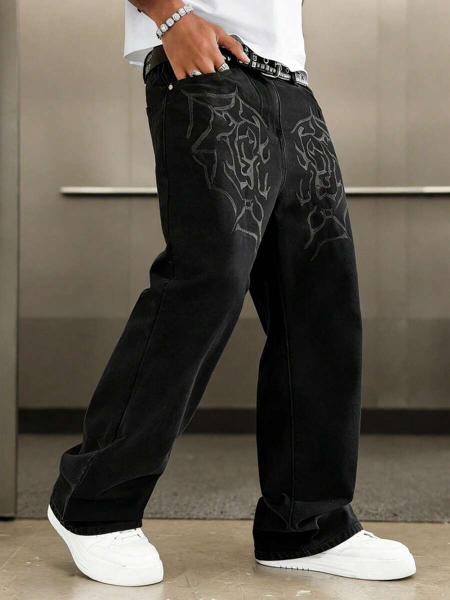 PAVTROS 男士街头风流行INS蜘蛛网和爱心刺绣黑色水洗直筒阔腿牛仔裤 - 黑色 - 查看 1
