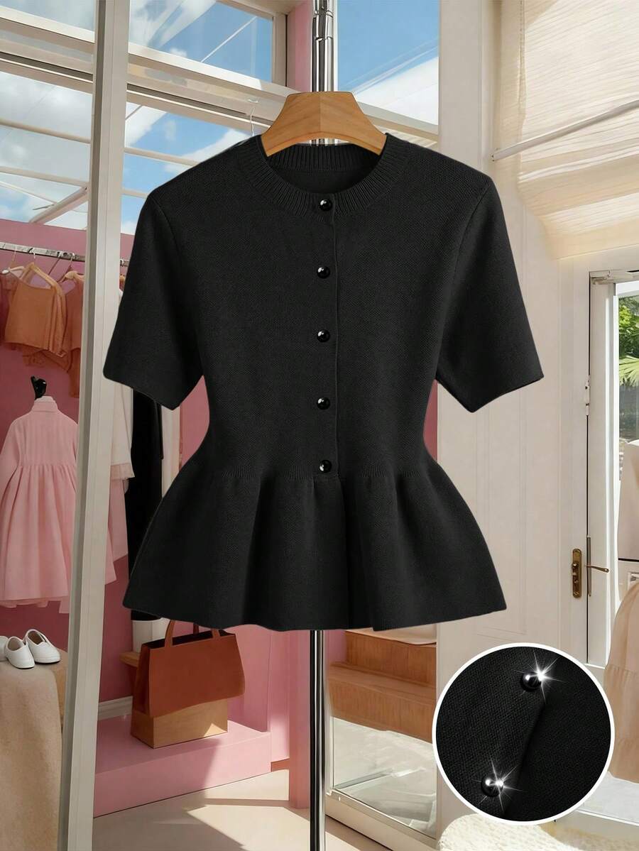 SHEIN Franclia 女士纯色圆领短袖单排扣休闲针织上衣 - 黑色 - 查看 1