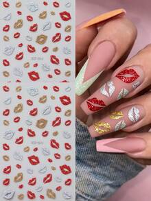 1pc Red Glitter Lip Nail Art Stickers, Shiny Gold/Silver Heart Nail Decals For Valentine's Day, Wedding, New Year DIY Nail Art Decorations Nails Nail Supplies - Multicolor - View 2