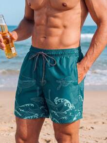 VIVINTIMO 男士海洋元素印花抽绳腰沙滩短裤，夏威夷风情 - 青碧色 - 查看 2