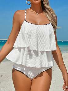 Swim Lushoire White Textured Fabric Swimwear Top With Double Ruffle Design And Matching Black Floral Trim Swimwear Bottom, Mature Beach/Pool Style Women's 2-Piece Swimwear Set - White - View 3