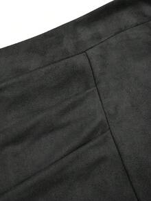 SHEIN Sweetro Plus Size Vintage Suede Skirt, Elastic Waist Asymmetrical Hem A-Line Skirt, Suitable For Spring And Autumn - Black - View 3