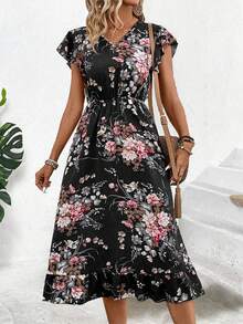 EMERY ROSE Flower Printed Ruffle Trim Dress Maxi Women Outfit - Black - View 4