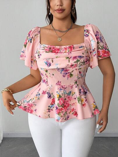 Elenzga Plus Size Spring/Summer Sweet Girl Floral Print Top, Spaghetti Strap Heart-Shaped Ruffle Collar Short Sleeve, Cinched Waist Ruffle Hem Design, Suitable For Dates, Vacations, Gentle Commute