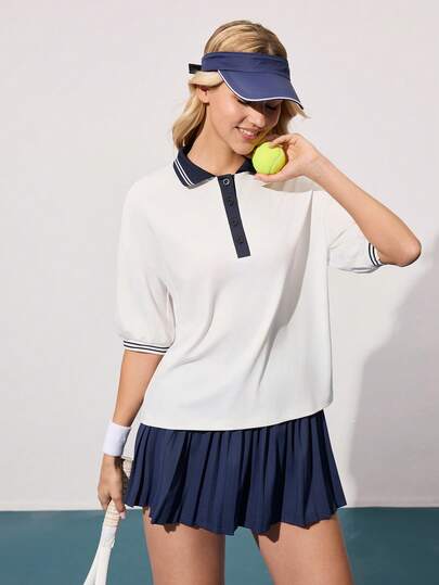 CourtClass 女士运动休闲撞色 Polo 领短袖网球衫