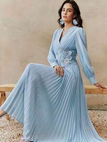 Anewsta Vestido de mujer con diseño de cuello cruzado y plisado con aplicación en la cintura, vestido de manga larga, adecuado para primavera, verano, elegante, Día de San Valentín, Carnaval, fiesta, lentejuelas, boda - Azul - Ver 1