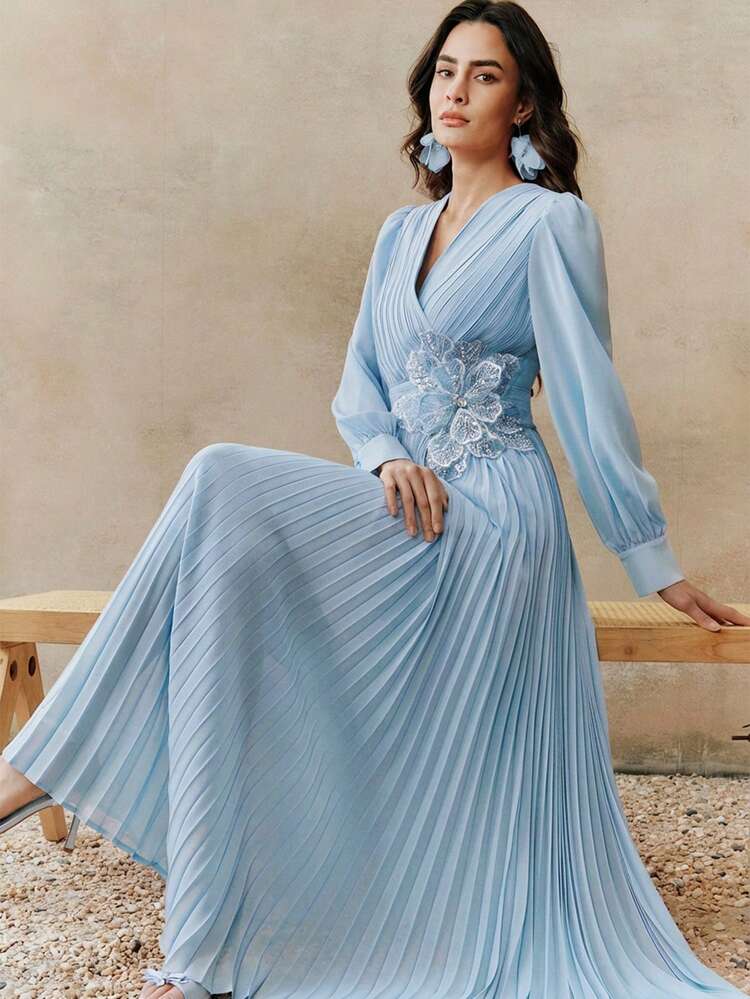 Women's New Crossover Neck Pleated Design Dress With Waist Applique, Long Sleeve Dress, Suitable For Spring, Summer, Elegant, Valentine's Day, Carnival, Party, Sequin, Wedding