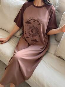 DAZY 太阳图案插肩袖长连衣裙，女士夏季睡衣 - 棕色 - 查看 8