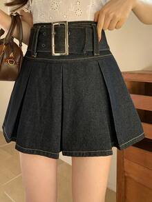 FRIFUL 女士休闲褶裥腰带牛仔迷你裙，夏季 - 藍色 - 查看 9