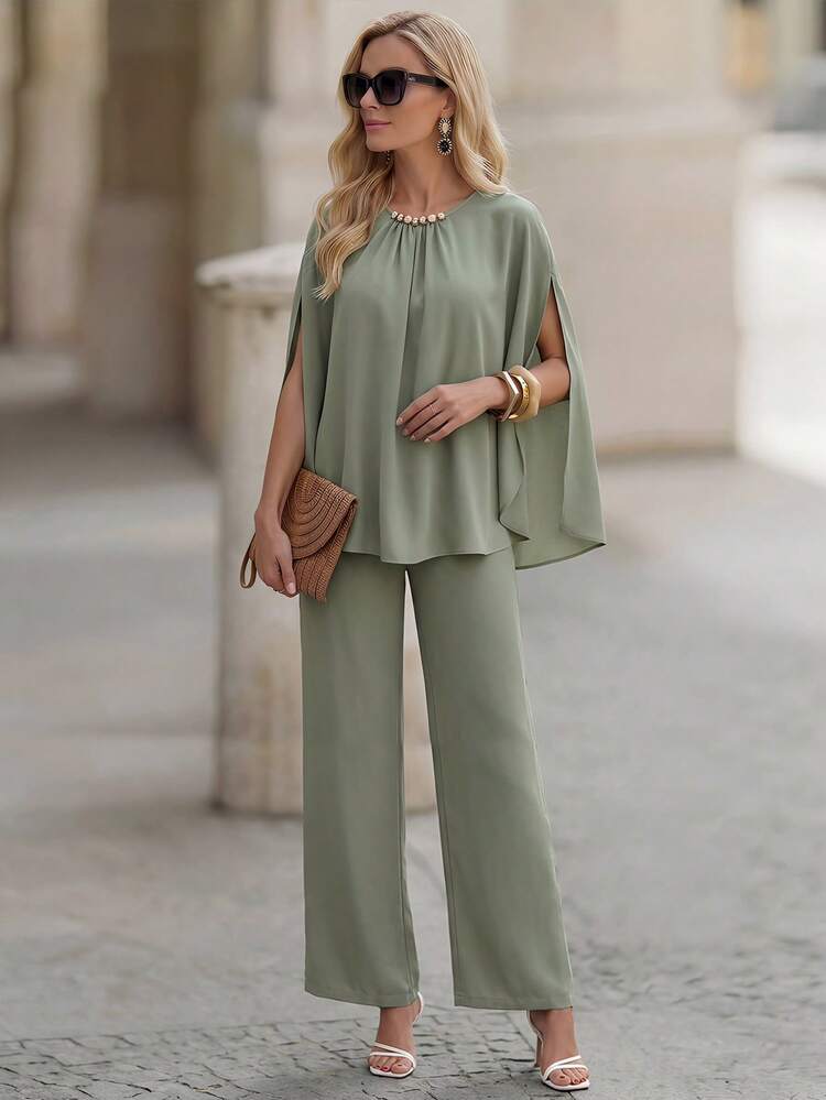 Elegant Green Two-Piece Set For Women Summer Spring Outfit With Pearl Neck Cape Sleeve Top And Wide Leg Pants, Perfect For Vacation Beach Going Out Wedding Guest And Festival Occasions