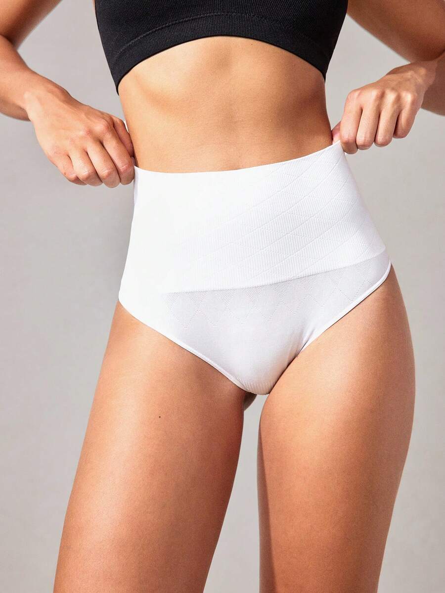 Plain Ribbed Knit Waist Shapewear Thong - White - View 1