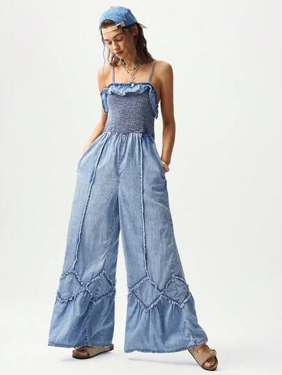 Bohemela Women's Solid Color Woven Denim Jumpsuit, Casual Vacation Style, Spring/Summer