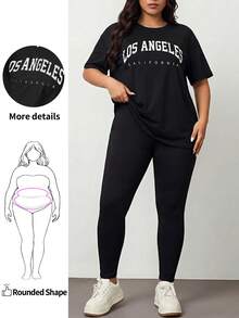 Enliva 2 pièces/set Ensemble t-shirt et legging imprimé lettre grande taille, tenues d'été pour femmes, ensemble deux pièces pour femmes, pour forme de corps en pomme et arrondie - Noir - Voir 1