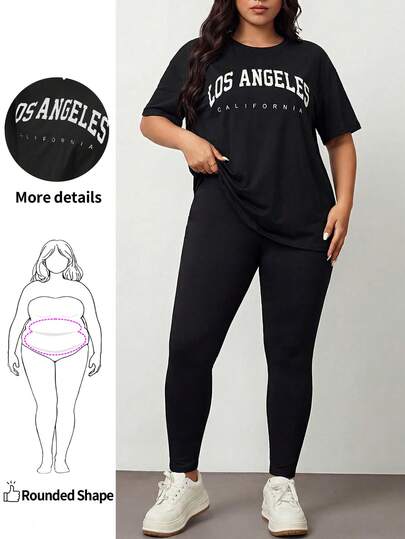 Enliva 2件套加大码字母印花T恤和紧身裤套装
