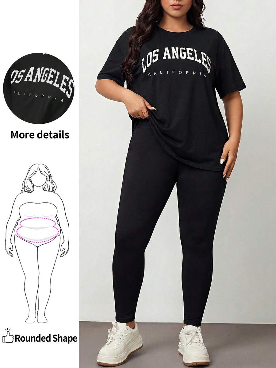 Enliva 2 pièces/set Ensemble t-shirt et legging imprimé lettre grande taille, tenues d'été pour femmes, ensemble deux pièces pour femmes, pour forme de corps en pomme et arrondie - Noir - Voir 1
