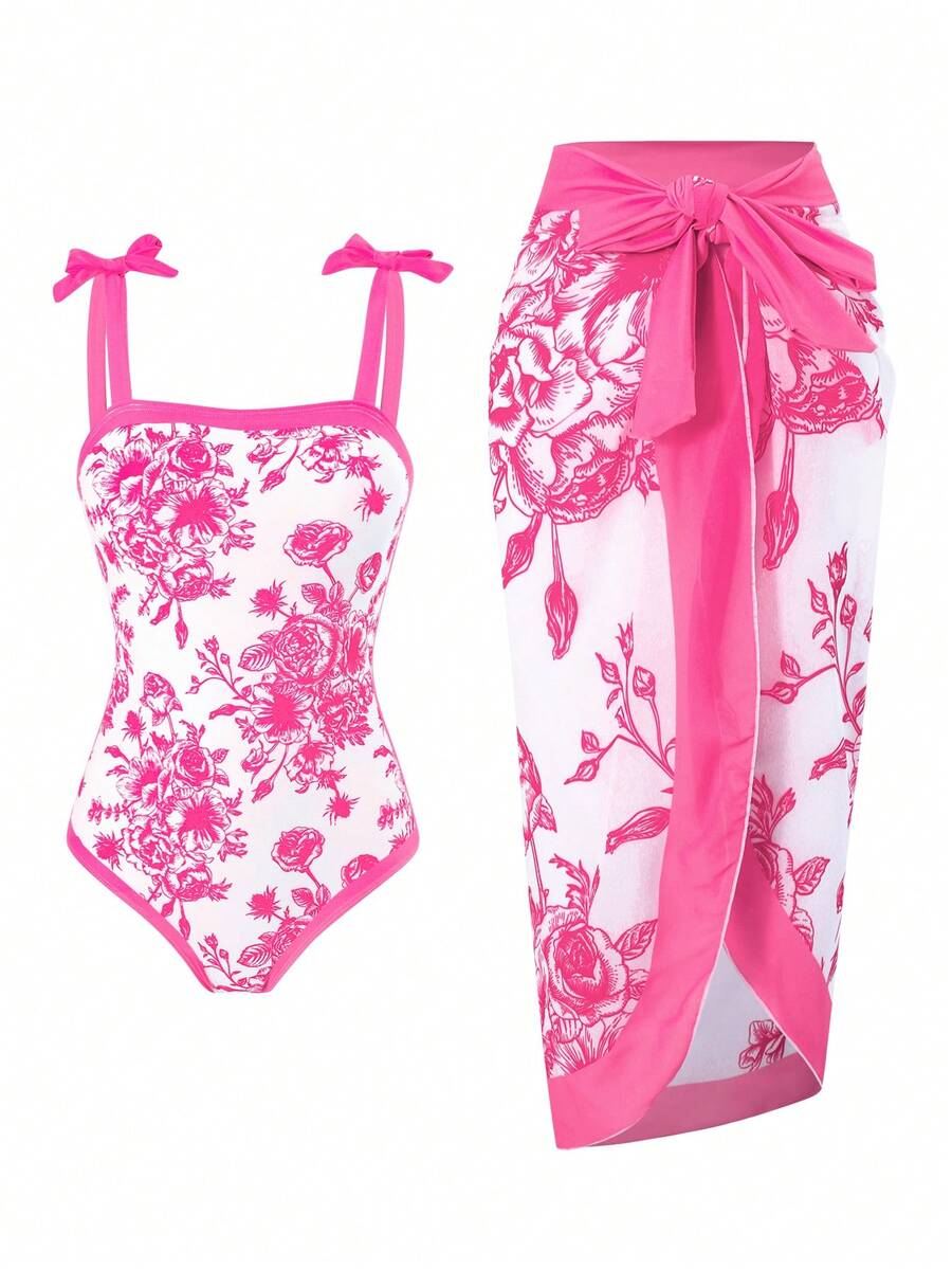 SHEIN Bộ đồ bơi liền thân cho bé gái tuổi teen, đồ bơi liền thân bằng vải dệt kim họa tiết hoa lớn dễ thương với nơ trang trí, bộ 2 mảnh thời trang giản dị thanh lịch nữ tính, thích hợp cho bơi lội, kỳ nghỉ hè, bãi biển, hồ bơi, tiệc tùng ngày lễ. - Màu Hồng Tươi - Xem 1