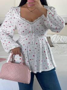 Sunnyshic Plus Size Square Collar Ruffle Patchwork Ditsy Floral Long Sleeve Puff Sleeve A-Line Elegant Vintage Casual Cute Party Women T-Shirt - Multicolor - View 3