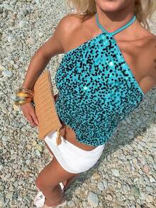 Sundraya Top halter sin espalda con lentejuelas para vacaciones en la playa de mujer - Azul - Ver 1